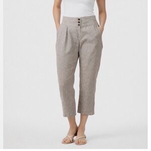 Ann Taylor LOFT Linen Cropped Pants Tan Pleated‎ High Rise 14 Resortwear 82-04